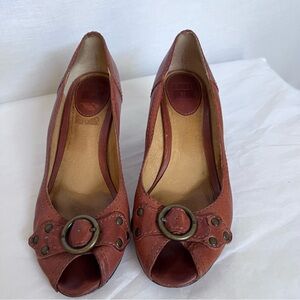 Frye Rich Brown Leather Maya Peep Toe Heels with Buckle Metal Detail